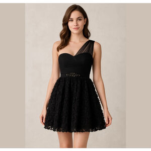 ADRIANNA PAPELL ONE SHOULDER COCKTAIL DRESS WITH 3D FLORAL CHIFFON SKIRT BLACK 8